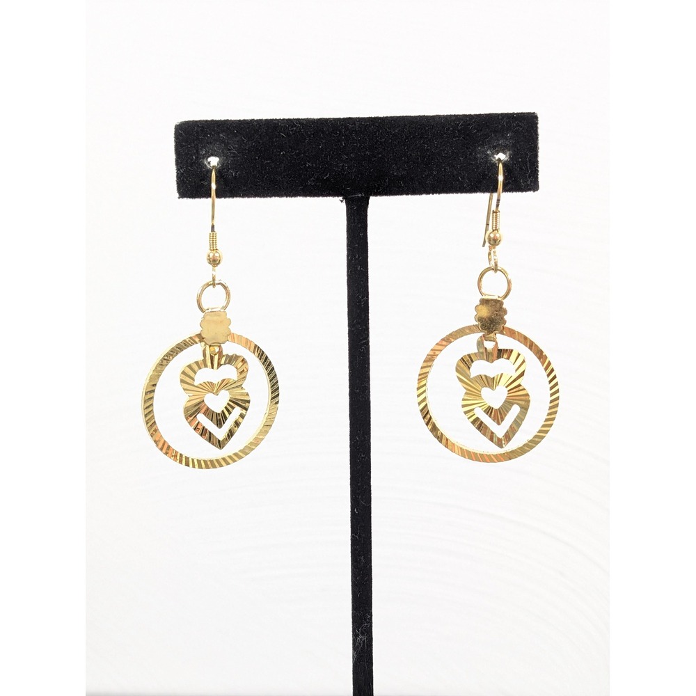 Retro Gold Tone‎ Heart Circle Dangle Earrings Textured Ribbed